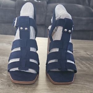 Marc Fisher Navy Suede Strappy Block Heel Sandals